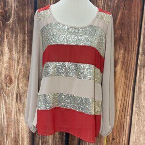 Audrey Ann Tan Sequin Long Sleeve Top Size M